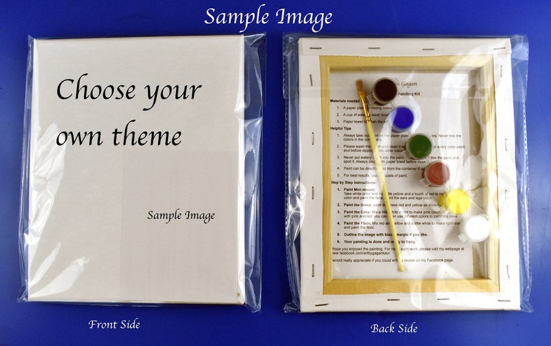 May include: A paint by numbers kit with a wooden frame and a white canvas. The kit includes a set of acrylic paints in various colors, a paintbrush, and instructions. The front of the canvas says "Choose your own theme" and the back says "Sample Image".