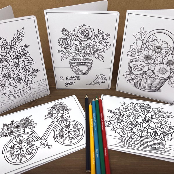 Flower Basket Coloring Card Set/ Set of 5 Color It Yourself Greeting Cards/Thanksgiving/Mothers day/Fathers day/A7 Sized Cards