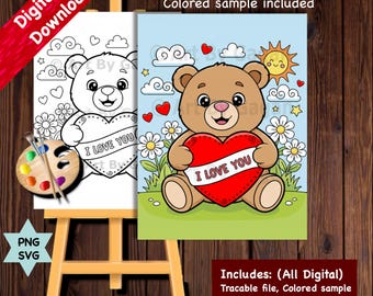 Teddy bear Pre-drawn Sip and Paint Canvas Printable Valentine's Day Paint Party Kit, Galentine's, Digital Download
