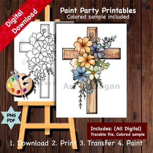 Cross and Flowers/Faith over Fear/Christian art/Instant Digital download/Paint Party printable/Canvas/Church Paint & Sip,Ladies night