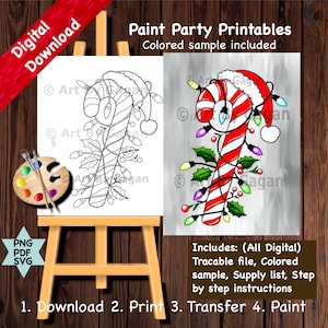 Beleuchtete Zuckerstange/Sofortiger digitaler Download/DIY Paint Party druckbare/vorgezeichnete Leinwand/Weihnachten Malerei/Farbe & Sip/Kunst/Schablone/Tracer