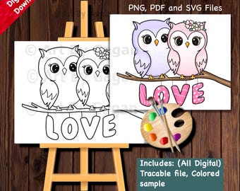 Owl love/Valentines/Galentine's day Paint Party Outline/Digital download/Paint with a Twist/Paint and Sip Canvas/Pre drawn canvases for kids