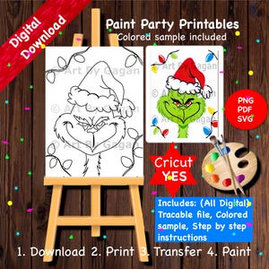 May include: A printable coloring page featuring the Grinch wearing a Santa hat and surrounded by Christmas lights. The image includes a colored sample of the Grinch, as well as instructions for downloading, printing, transferring, and painting the image. The text "Paint Party Printables" and "Colored sample included" is visible at the top of the image.