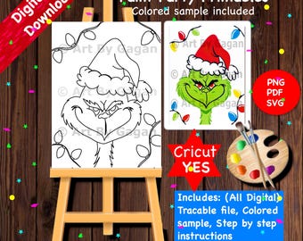Grinch en lichten/Directe digitale download/DIY Paint Party afdrukbaar/Voorgetekend canvas/Kerstschilderij/Paint & Sip/Art Party/Stencil/Tracer