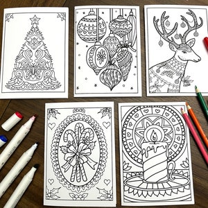 Set of 5-Christmas DIY Coloring Cards, Color your own Cards, A7 size card,Colorable Holiday Greeting Cards, Blank Inside, Adults Kids Tweens