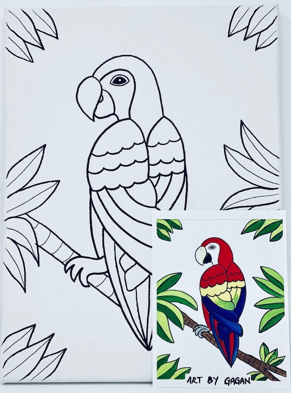 Kids Paint Party Set,pre-drawn Outline Theme Canvas,parrot