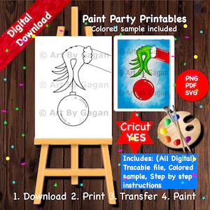 May include: A printable coloring page featuring a green hand holding a red ornament. The image includes a colored sample of the finished product. The text "Paint Party Printables" and "Colored sample included" is at the top of the image. The text "Cricut YES" is at the bottom of the image. The text "Includes: (All Digital) Tracable file, Colored sample, Step by step instructions" is at the bottom of the image. The text "1. Download 2. Print 3. Transfer 4. Paint" is at the bottom of the image.