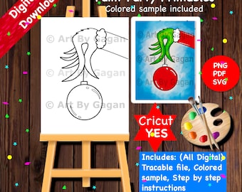 Grinch houdt ornament vast/Directe digitale download/Paint Party afdrukbaar/Voorgetekend canvas/Kerstschilderij/Paint & Sip/Stencil/Tracer