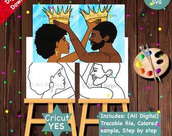 May include: A printable paint party set featuring a black and white outline of a couple wearing crowns. The set includes a colored sample, traceable file, and step-by-step instructions. The text "Cricut YES" is visible in the image.  Includes: (All Digital) Tracable file, Colored sample, Step by step instructions.
