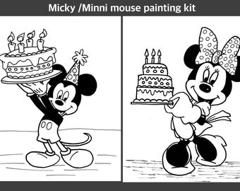 Może przedstawiać: Czarno-biały zestaw do malowania z postaciami Myszki Miki i Minnie Mouse trzymającymi torty urodzinowe ze świeczkami.