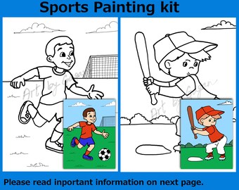 Pre-drawn outlined Canvas,Sports theme party,Paint your own, DIY Paint kit,Kids paint party, art party favors,Sports Paint party
