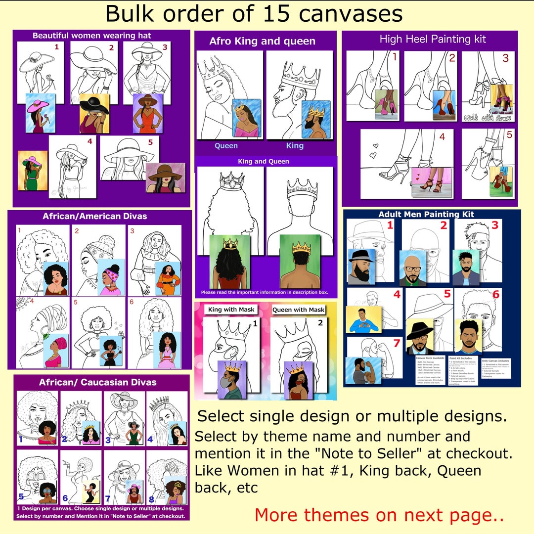 Bulk Order of 15 Canvases,pre Drawn/outlined/sketched Canvas,teen/adult  Painting Kit,african/american/caucasian Lady,paint and Sip,fashion 