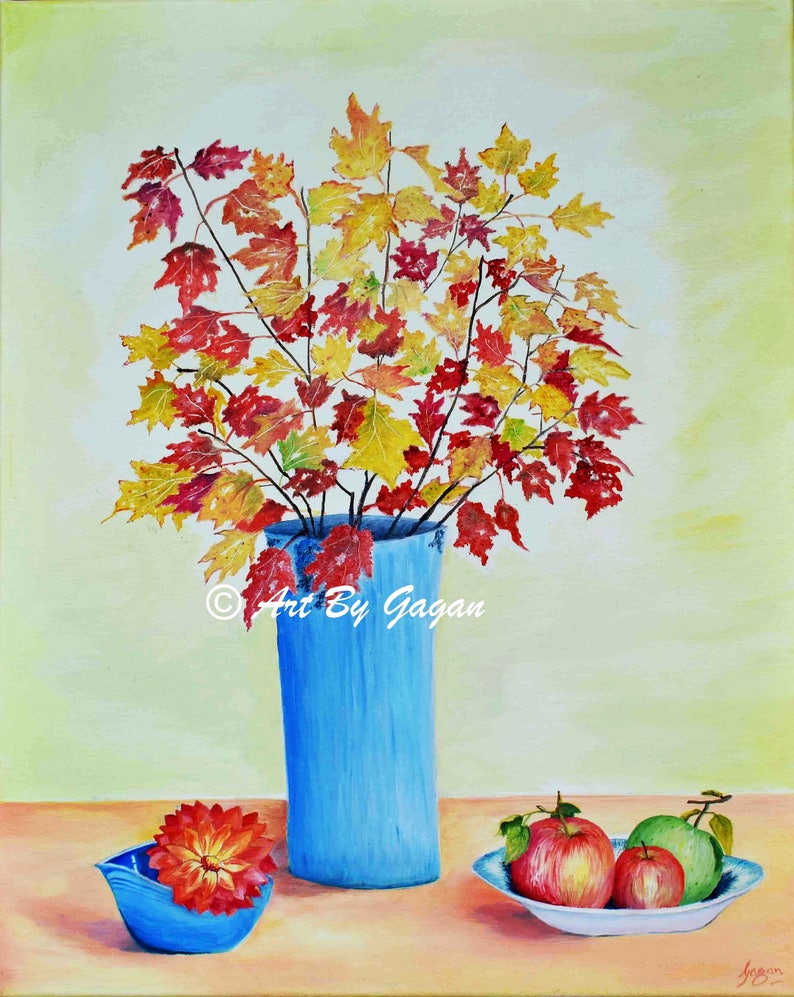 Flower Vase Fall Color Fruit Oil On Canvas Art Etsy