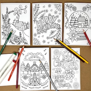 Set of 5-Christmas DIY Coloring Cards, Color your own Cards, A7 size card,Colorable Holiday Greeting Cards, Blank Inside, Adults Kids Tweens