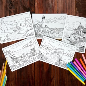 Landscape Coloring Card Set/ Set of 5 Color It Yourself Greeting Cards/Thanksgiving/Mothers day/Fathers day/A7 Sized Cards
