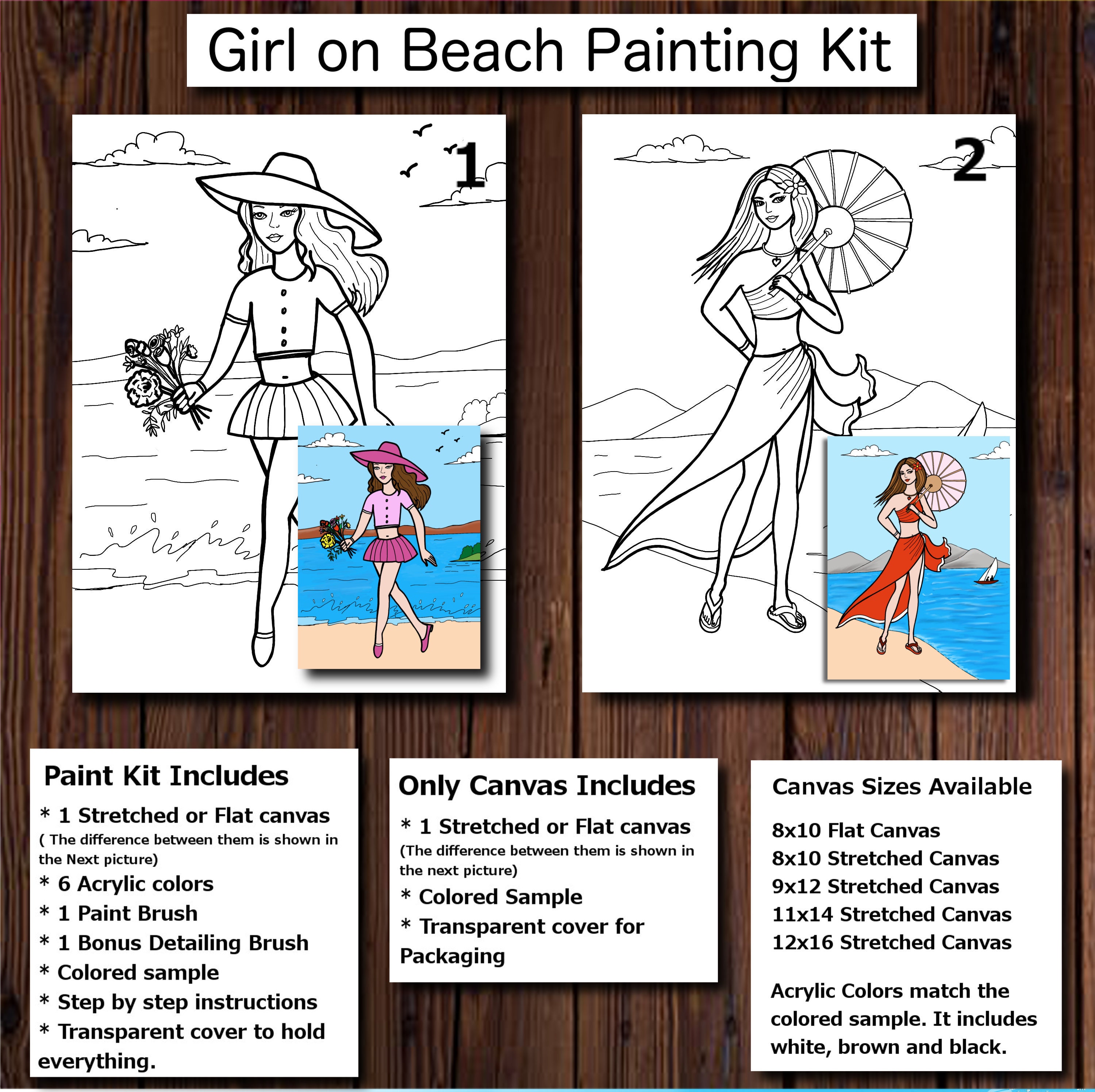 Pre-drawn/outlined Canvas,girl on Beach,paint Your Own Sail Boat,teen/adult  Painting Kit,diy Paint Kit-paint Party Favor,beach Theme Party 