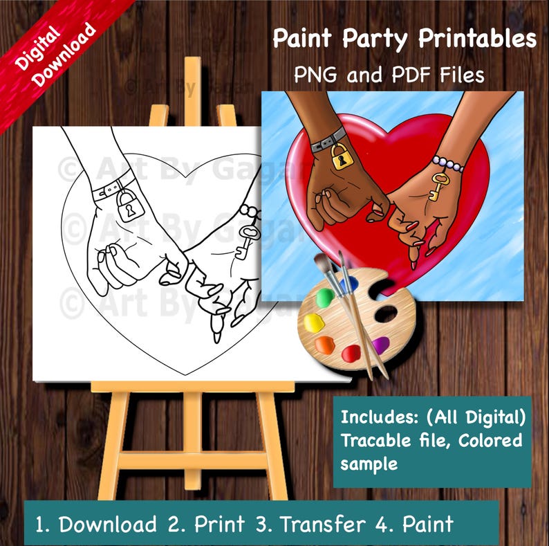 May include: A black and white line art printable of two hands holding each other with a heart shape behind them. The hands have a lock and key on their wrists. The printable is for a paint party and includes a colored sample.