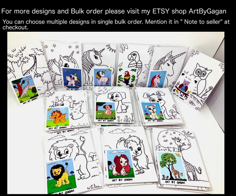 May include: A collection of black and white coloring pages featuring various animal designs, including a giraffe, unicorn, owl, lion, and dog. The pages are printed on white cardstock and are ready to be colored.