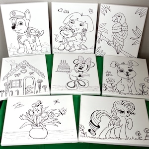 May include: A collection of eight white canvas panels featuring black line drawings of various cartoon characters and objects. The images include a puppy, parrot, Minnie Mouse, Dora the Explorer, a gingerbread house, a pony, and a bouquet of flowers.