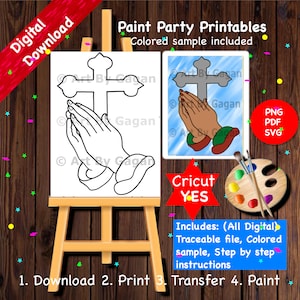 Puede incluir: Una página para colorear imprimible que presenta una ilustración en blanco y negro de manos rezando con una cruz. La imagen incluye una muestra coloreada del diseño, así como instrucciones para descargar, imprimir, transferir y pintar el diseño. El texto "Paint Party Printables" y "Colored sample included" es visible en la parte superior de la imagen.