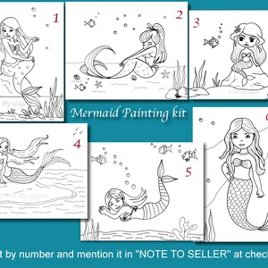 May include: A Mermaid Painting kit featuring six different mermaid illustrations in black and white. Each mermaid is depicted in various poses with aquatic elements like fish and seaweed. The text "Mermaid Painting kit" is also included.