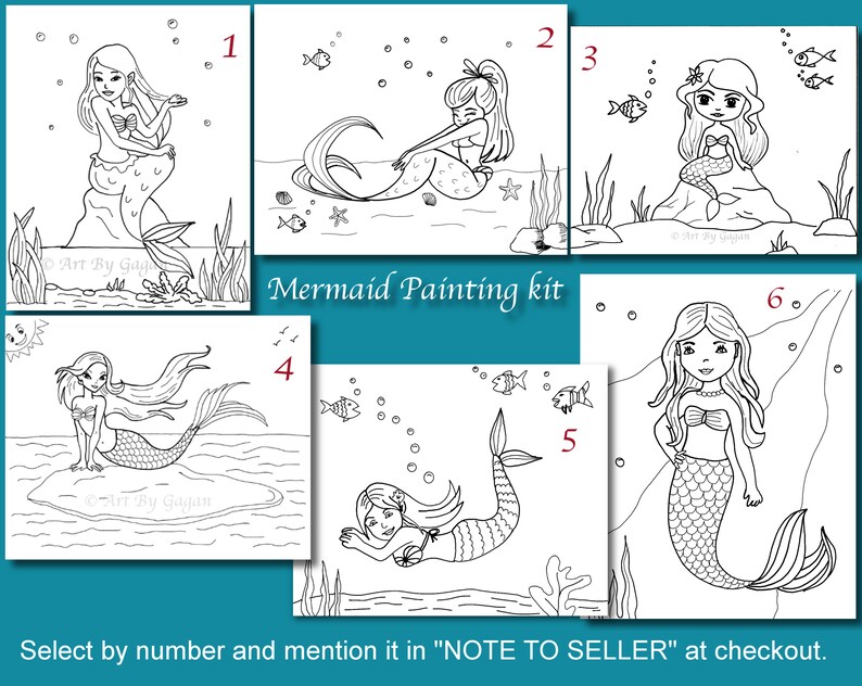 May include: A Mermaid Painting kit featuring six different mermaid illustrations in black and white. Each mermaid is depicted in various poses with aquatic elements like fish and seaweed. The text "Mermaid Painting kit" is also included.