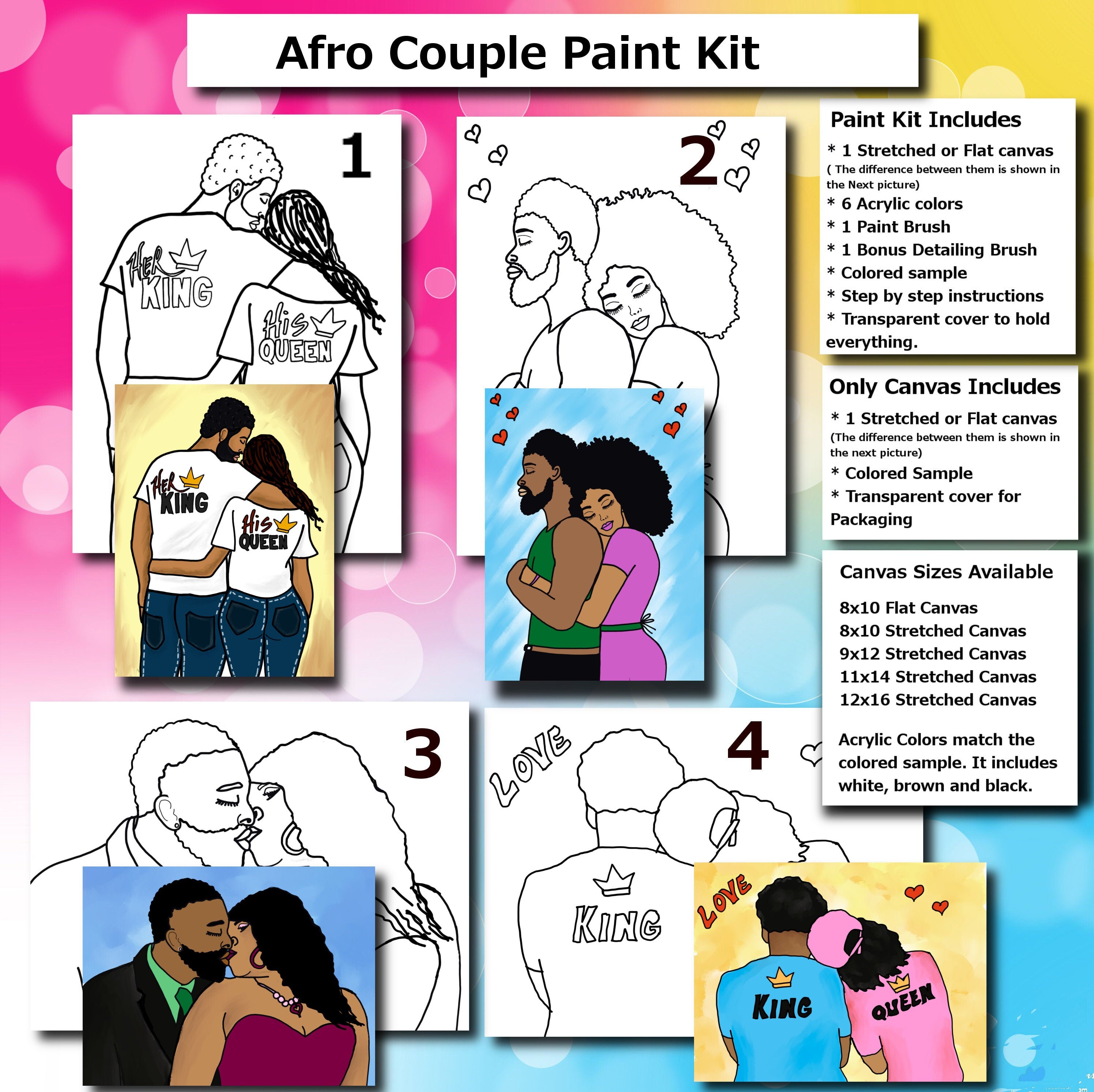 Date Night Paint Kits,his/her Pre-drawn/outline/sketched Canvas Teen/adult/couples  Painting, African, Paint & Sip,diy Paint Kit,black Love 