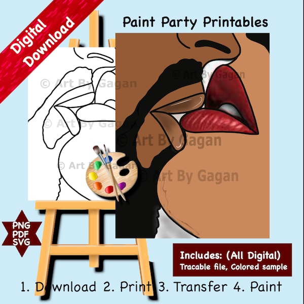 Kyss/Alla hjärtans dag/Dejtkväll/Digital nedladdning direkt/Diy-målningsfest utskrivbar/Förritad/Konturduk/Vuxenmålning/Måla och smutta/Konstfest