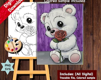 Teddy bear holding Rose Pre-drawn Sip and Paint Canvas Printable, Valentine's Day Paint Party Kit, Galentine's, Digital Download