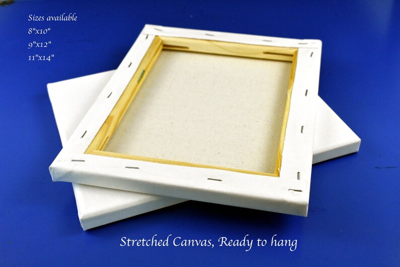 May include: Two white stretched canvases with wooden frames, ready to hang. The canvases are stacked on top of each other. The text "Sizes available" is written above the canvases, followed by three sizes: 8"x10", 9"x12", and 11"x14". The text "Stretched Canvas, Ready to hang" is written below the canvases.