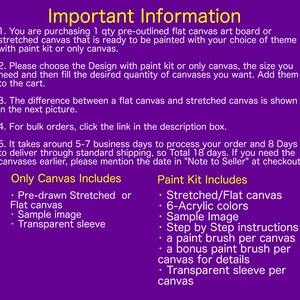 May include: Image with text: "Important Information" about pre-outlined flat canvas art boards or stretched canvases. Includes details on paint kits, canvas options, and order processing times. Lists what's included with only canvas and paint kit purchases.