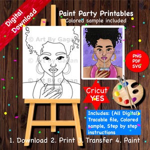 Woman Sipping/ DIY Paint Party Outline/ Paint with a Twist/ Black Woman/ African American/ Paint and Sip Canvas/Pre drawn/outlined canvas
