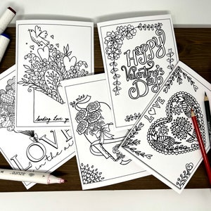 Set of 5 - DIY Valentines Coloring Cards -Floral Color your own Cards - Coloring Cards for Adults/Teens/Kids - Flower Cards -Love Coloring