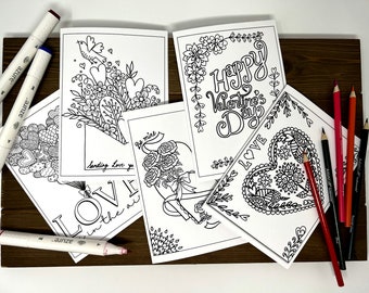 Set of 5 - DIY Valentines Coloring Cards -Floral Color your own Cards - Coloring Cards for Adults/Teens/Kids - Flower Cards -Love Coloring