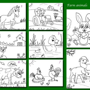 May include: Black and white line drawings of farm animals, including a horse, farmer on a tractor, rabbit with a carrot, pig, duck, cow, rooster, and two goats. The text "Farm animals" is at the top.