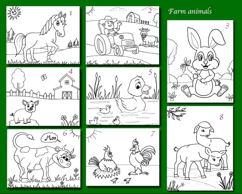 May include: Black and white line drawings of farm animals, including a horse, farmer on a tractor, rabbit with a carrot, pig, duck, cow, rooster, and two goats. The text "Farm animals" is at the top.