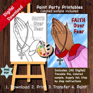 Praying hands/Faith over Fear/Christian art/Instant Digital download/Paint Party printable/Predrawn Canvas/Church Paint & Sip,Ladies night