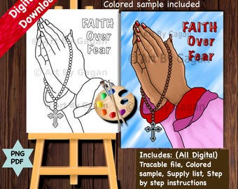 Praying hands/Faith over Fear/Christian art/Instant Digital download/Paint Party printable/Predrawn Canvas/Church Paint & Sip,Ladies night