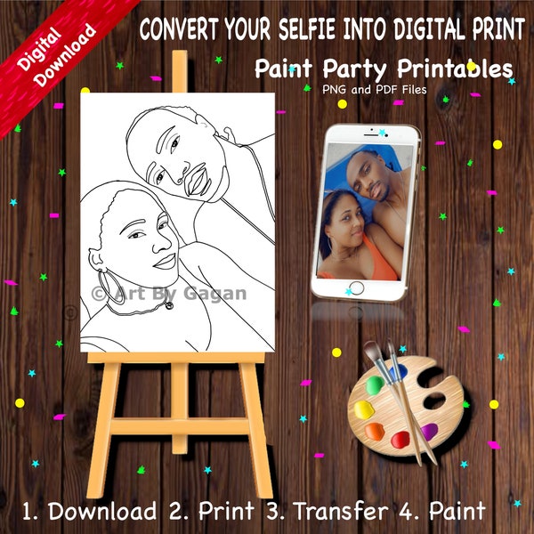 Dipingi la tua immagine digitale selfie, tela personalizzata stampabile, Dipingi e sorseggia, Pagina da colorare, Festa di pittura, Schizzo predisegnato, Stencil, Appuntamento notturno