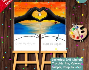 Hands making heart couple/Couple canvases/Digital download/DIY Paint Party printable/Pre-drawn Canvas/Adult Painting/Paint & Sip/Date night