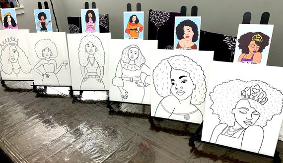 Afro Queen Paint Party Kits Pre Drawn Canvas Paint and Sip for Adults