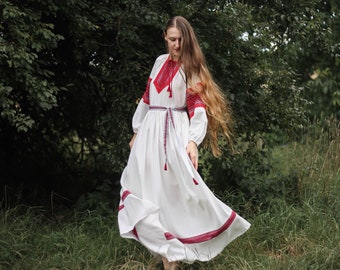 Slavic dress with long sleeves and woven embroidery Slavic ritual dress with embroidery and lace. type 5