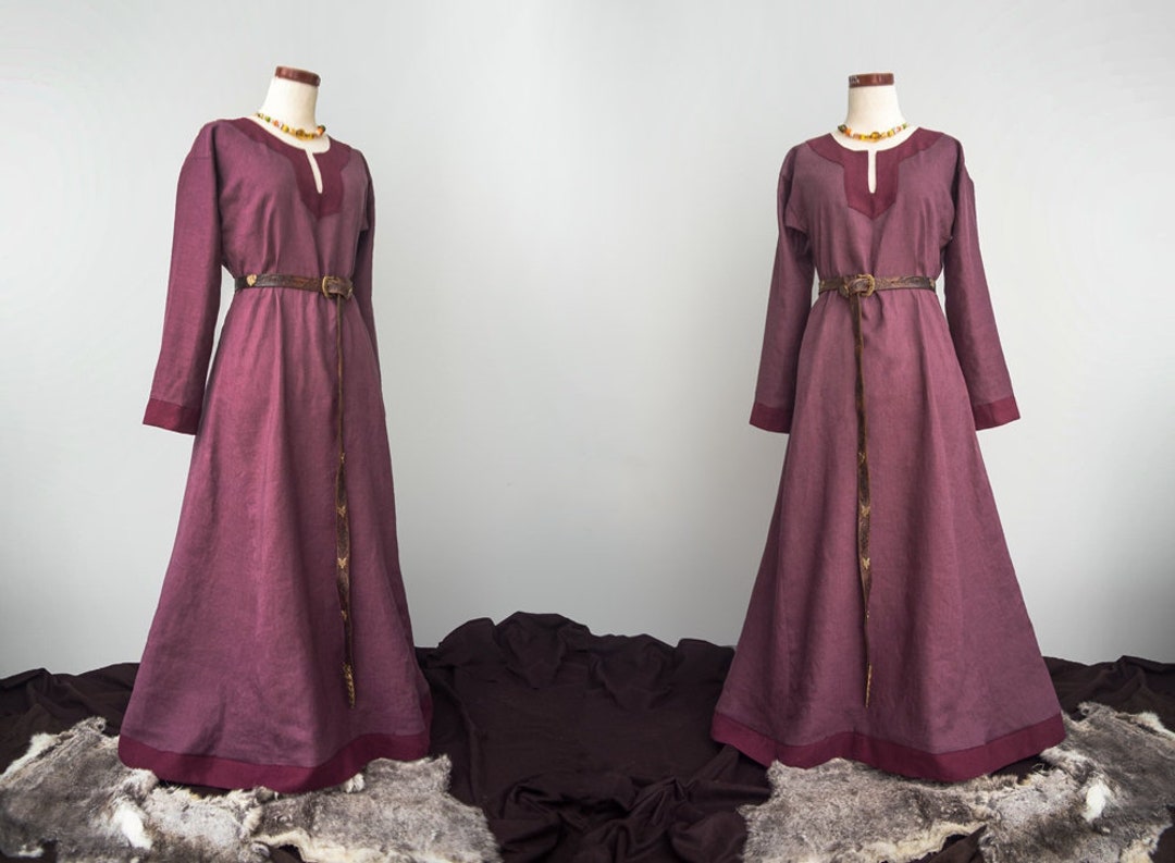 Linen Early Medieval Dress With Colofrul Hems and Slit in a - Etsy