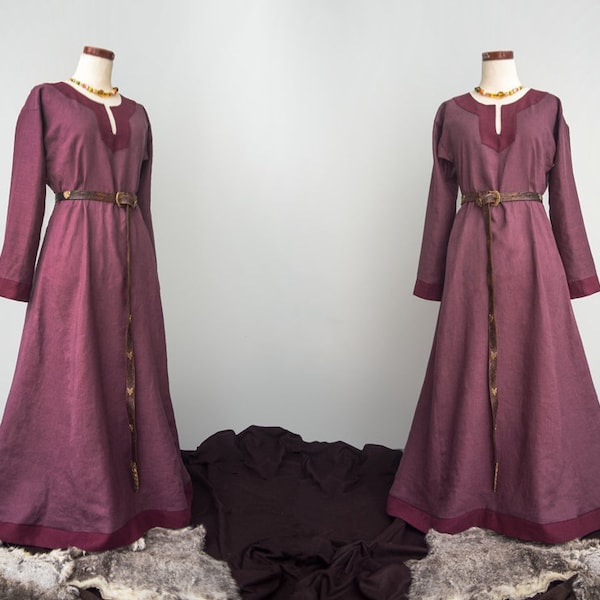 Linen Early Medieval dress with colofrul hems and slit in a neckline; basic historical dress for Slavic and Viking reenactors