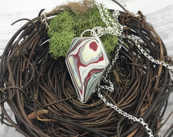 Fordite and Sterling silver pendant - Fordite lover's gift - Michigan stone - Red and Grey Fordite pendant