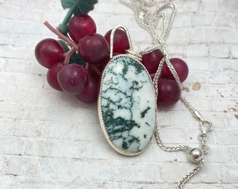 Tree Agate and Sterling Silver Pendant - Green Tree Agate Pendant -