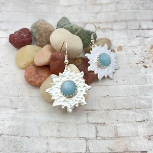 Sterling Silver and Aquamarine Earrings - Sun Earrings - Milky Aquamarine and Sterling Earrings