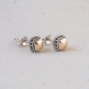 Square Stud Earrings - Mixed Metal, Hand Beaded, Boho Style Jewellery