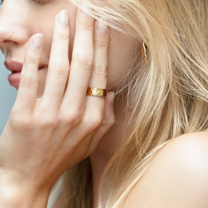 Wide Hammered Boho Statement Ring, Thick Gold Band, Anniversary Her, Meaningful Gifts image 2