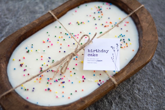 Birthday Cake Wooden Dough Bowl Candle, 100% Soy Wax, Sprinkles, Gift